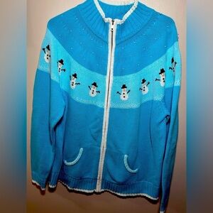 Quacker Factory Winter Snowman Sweater Cardigan Zip XL Christmas